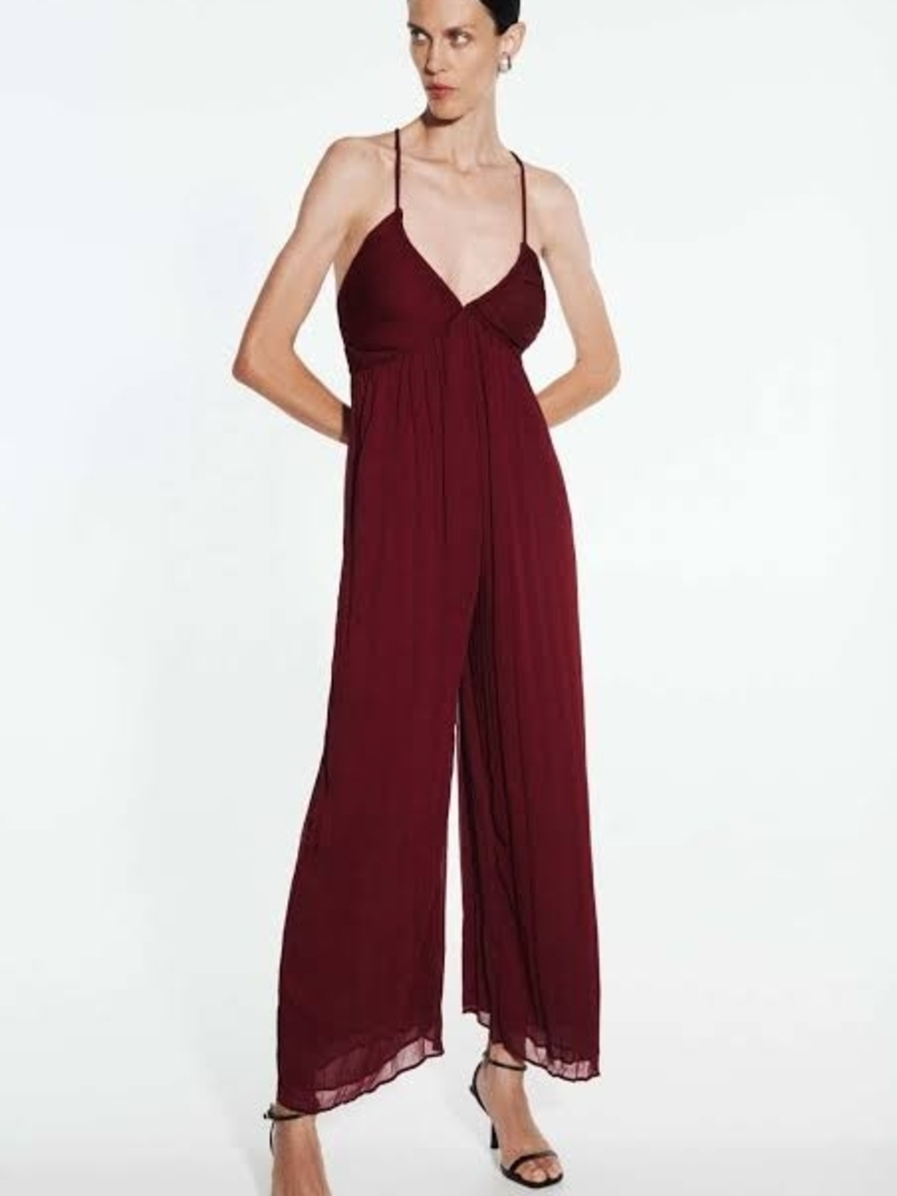 Zara Burgundy Spaghetti-Strap Wide-Leg Jumpsuit